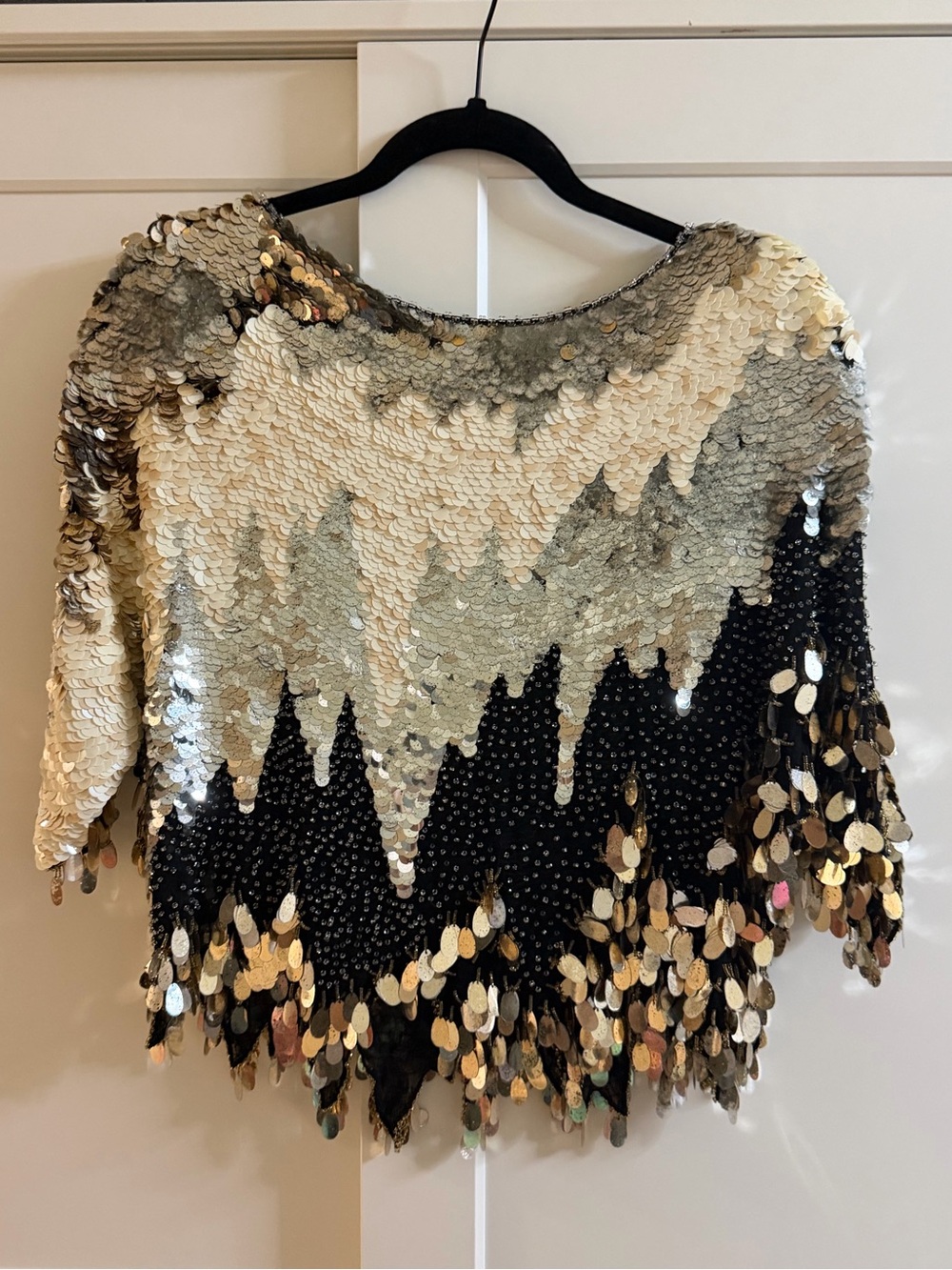 Oleg Cassini Sequined Fringe Top in Black, Gold & Silver